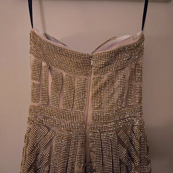 Andrea & Leo Gold Beaded Crystal Embellished Evening Strapless Gown Size 6 - Picture 8 of 13
